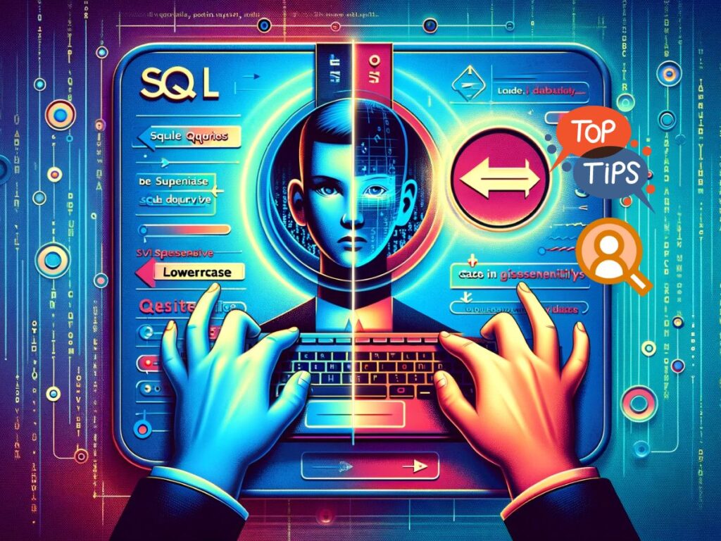 split-screen comparison: one side displays a user typing a SQL query in uppercase, while the other side shows the same query in lowercase, both leading to identical database results. The design emphasizes equivalence through elements like equal signs or arrows and features a digitally inspired background with matrix-style code or abstract tech imagery.
