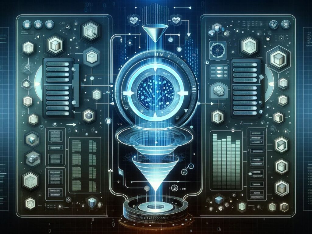 Digital interface demonstrating the use of SysFilters in data schemas, featuring data blocks, filtering funnels, and tech-inspired background patterns.