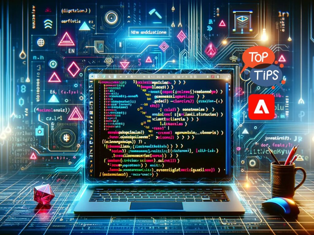 The image is a wide-format representation of a modern coding environment, specifically focused on the latest ES6 JavaScript features. It prominently displays a computer screen with a code editor, where JavaScript code is shown with highlights on ES6 features such as arrow functions, classes, and template literals. The code is adorned with vibrant syntax highlighting, making elements like code brackets and semi-colons stand out, emphasizing the JavaScript language. The background is infused with digital and technological elements like binary code patterns and abstract tech-inspired graphics, symbolizing innovation in coding. The overall color scheme is dynamic and lively, reflecting the advanced and cutting-edge nature of ES6 in the realm of web development.