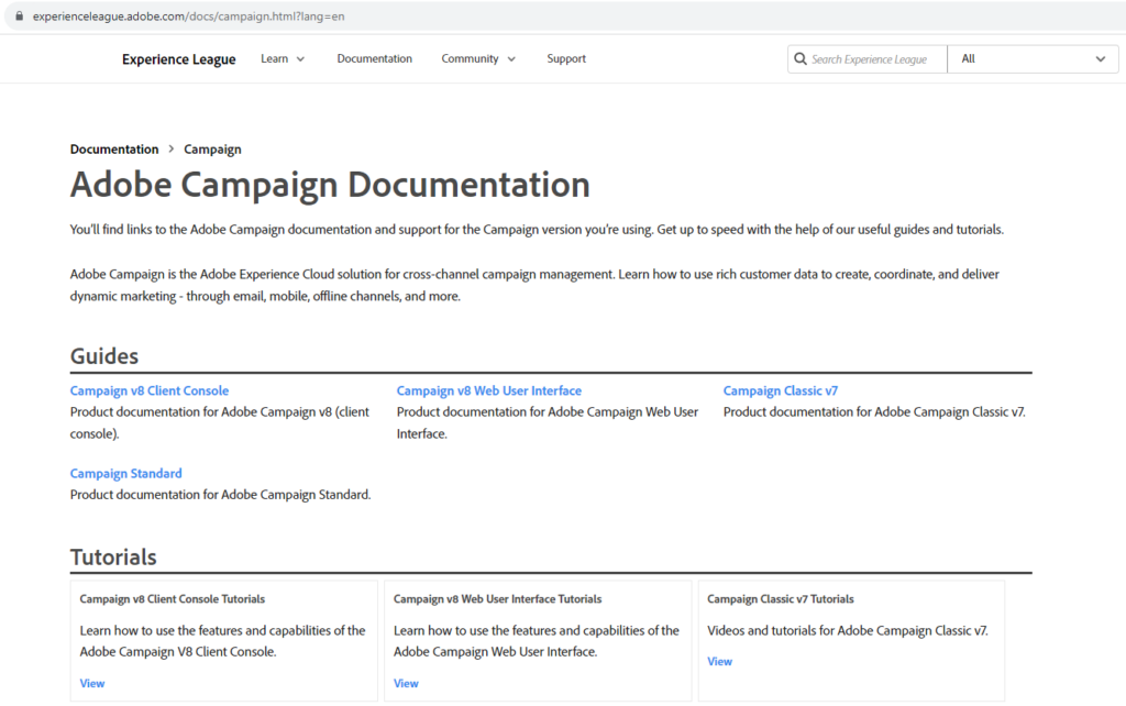 Official Adobe Campaign documentation page snap shot