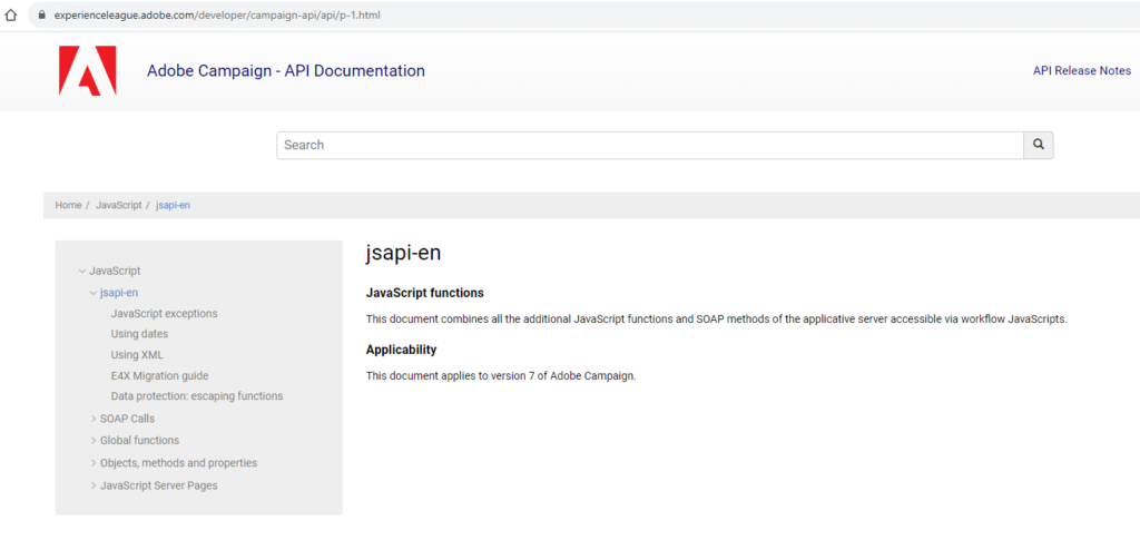 Adobe Campaign JSAPI official page