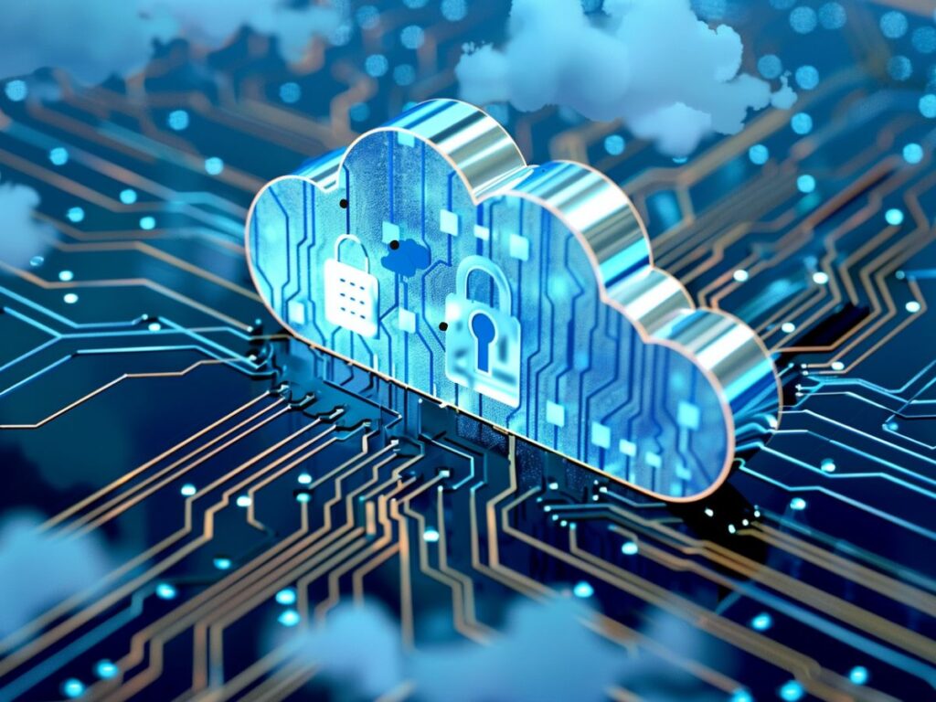 A cloud connected with an electronic circuit, in the style of detailed background elements, accurate and detailed, light azure and navy, bold and vibrant primary colors, selective focus, cabincore, cad (computer aided design