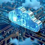 A cloud connected with an electronic circuit, in the style of detailed background elements, accurate and detailed, light azure and navy, bold and vibrant primary colors, selective focus, cabincore, cad (computer aided design