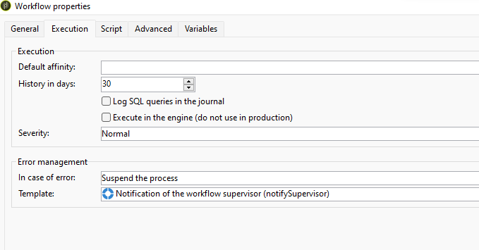 Execution error management settings of workflow in adobe campaign