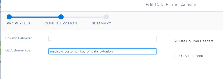 Extract activity data extension settings in Automation Studio of Salesforce Marketing Cloud